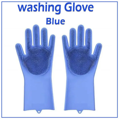 Magic Dish Washing Gloves with Scrubber – Silicone Reusable Cleaning Gloves (Blue)